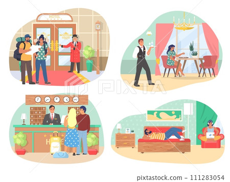 Guests and clients, staff professional service in hotel scene set Guests and clients, staff professional service in hotel scene set 111283054