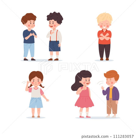 Children are talking on deaf sign language, deaf-mute international sign language symbols articulated gesture vector set 111283057