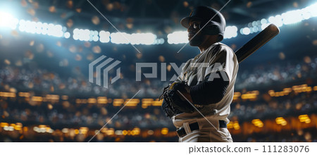 AI-generated content. Black star athlete pitcher standing with the bat in the middle of the full stadium 111283076