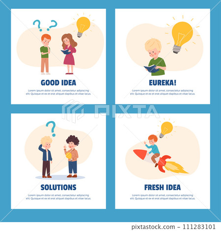 Set of squares banners about children having fresh and good idea flat style 111283101