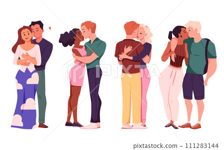 Happy multinational beloved couple hugging and kissing vector illustrations set, romantic love relationship, sweethearts 111283144
