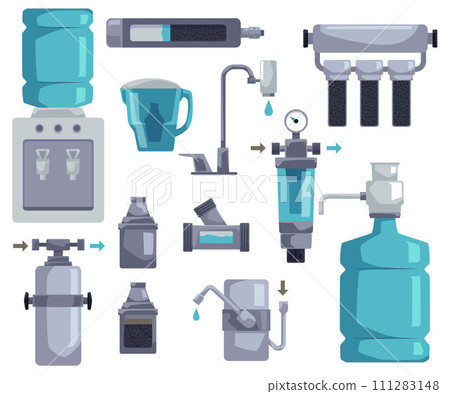 Water filters, set of vector illustrations in cartoon style on white Water filters, set of vector illustrations in cartoon style on white 111283148