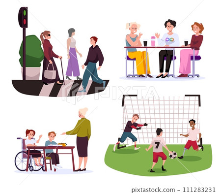 Inclusion and socialization for people with disabilities, vector isolated. 111283231