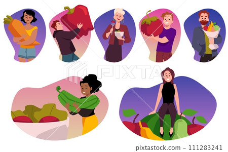 Set of happy people with huge fruits and vegetables flat style 111283241