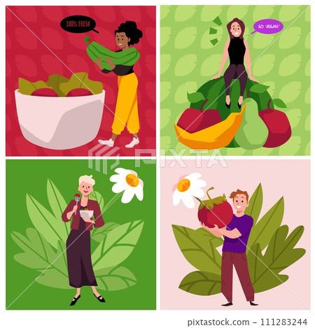 Vegan people, set of colorful vector cards, cartoon flat style 111283244