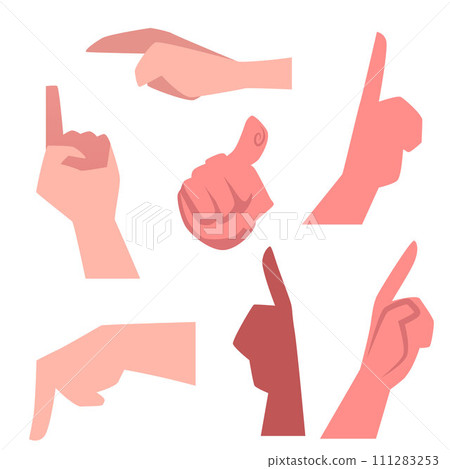 Different pointing hand gestures vector set, signs, expressions with pointing forefinger, clenched palms, paying attention, direction Different pointing hand gestures vector set, signs, expressions with pointing forefinger, clenched palms, paying attention, direction 111283253