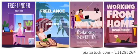 Freelance lifestyle, set of vector cards, illustrations with people Freelance lifestyle, set of vector cards, illustrations with people 111283264