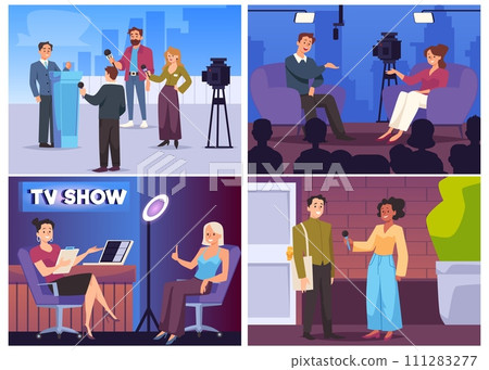 Vector illustrations with journalists, scenes of interviews with people Vector illustrations with journalists, scenes of interviews with people 111283277