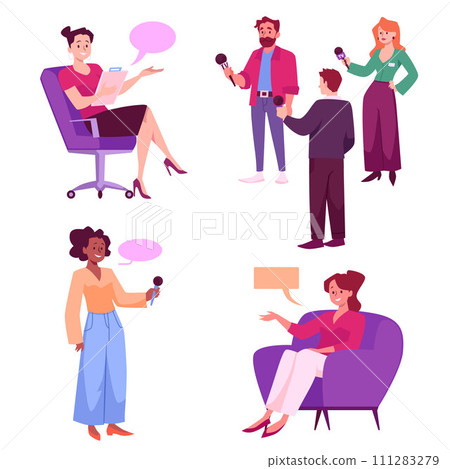 Journalists conducting interviews and reporting news, flat vector isolated. 111283279
