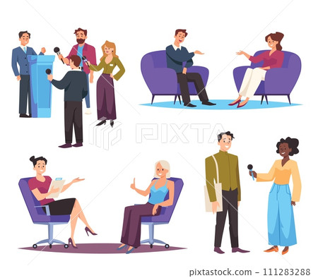 Journalists, interviews with people, set of flat vector illustrations Journalists, interviews with people, set of flat vector illustrations 111283288