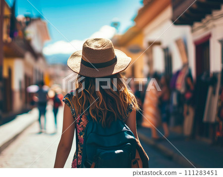 AI-generated content. Younge female traveler on the streets of Cuzco, Peru, discovering historic center and landmarks 111283451