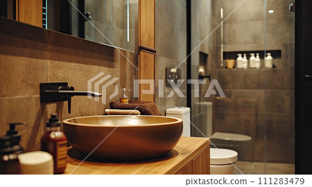 AI-generated content. The cozy atmosphere of bathroom, with luxurious wooden sink and ambient lighting. Interior design, comfortable lifestyle 111283479