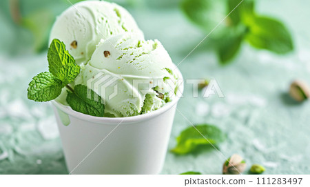 AI-generated content. Homemade pistachio ice cream served in a white bowl garnished with fresh mint leaves. Summer healthy cooling desserts 111283497