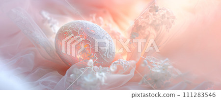 AI-generated content. Pink Easter background with lace egg with delicate flowers Easter mood, delicate spring backdrop 111283546