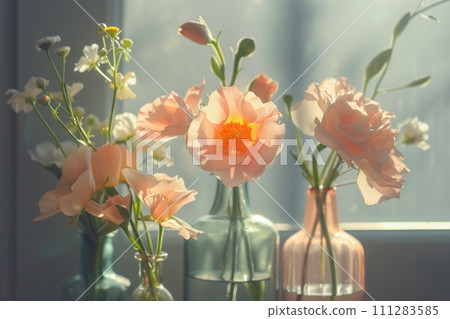 AI-generated content. Spring Flowers in vases against the background of playing shadows. Sunlight turns simple flowers into works of art. AI-generated content. Spring Flowers in vases against the background of playing shadows. Sunlight turns simple flowers into works of art. 111283585