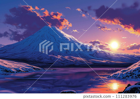 [AI generated images/AI illustrations] Snowy landscapes and mountains [sunrise/sunset, winter scenery] 111283976