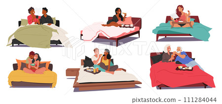 Vector Set of Indulgent Morning Moments. Couples Savoring Breakfast In Bed, Sharing Laughter, Whispers, And Warmth 111284044