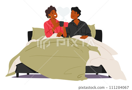 Black Couple Characters Wrapped In Cozy Blankets, Clinks Coffee Cups, Sharing Smiles Over A Breakfast In Bed 111284067