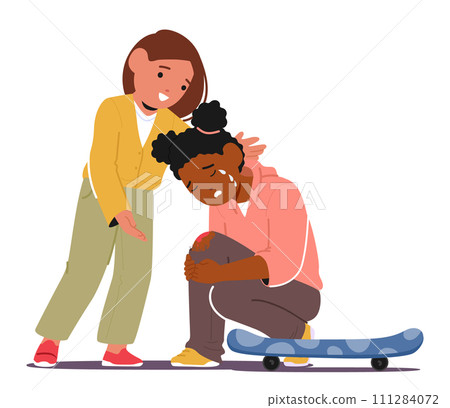 Gentle, Caring Kid Girl Embraces Her Tearful Friend, Soothing And Supporting After A Skateboard Tumble, Vector 111284072
