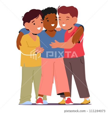 Three Inseparable Boy Characters, Bound By Friendship Warmth, Share A Heartfelt Hug. Laughter Echoes In Their Embrace 111284073