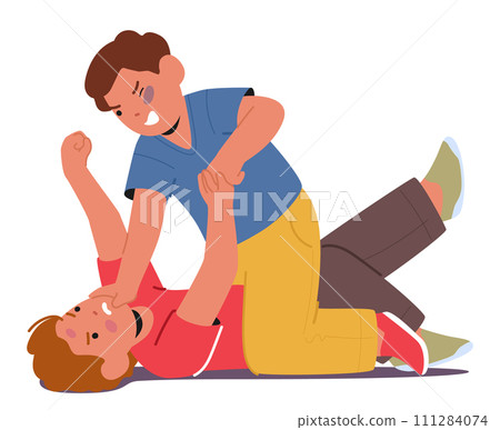 Furious Young Boys Clash, Exchanging Heated Words And Wild Punches. Faces Contorted With Rage, A Chaotic Quarrel Furious Young Boys Clash, Exchanging Heated Words And Wild Punches. Faces Contorted With Rage, A Chaotic Quarrel 111284074