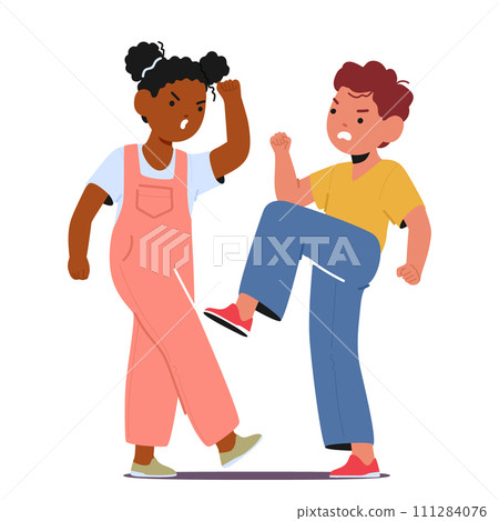 Furious Boy And Girl Clash, Hurling Heated Words And Exchanging Fiery Glares. Their Quarrel Escalates Into Fierce Battle 111284076