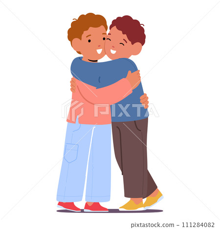 Two Young Pals Share Heartfelt Hug, In A Warm Embrace. Boys Characters Radiating Joy And Friendship, Vector Illustration 111284082