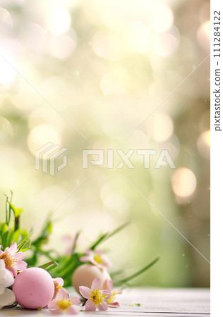 AI-generated content. Spring festive composition for Easter, Yellow tulips and decorated Easter eggs on light bokeh background, copy space 111284122