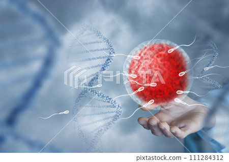 Hand shows artificial insemination on blurred background and DNA. 111284312