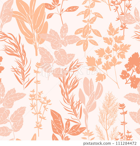 Floral seamless pattern with hand drawn aromatic garden herbs in peach fuzz color 111284472