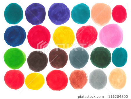 Set of multicolored watercolor circles of blue, red, yellow, green, orange and gray colors on white background 111284800