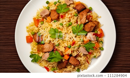 White plate of flavorful pork and vegetable pilaf White plate of flavorful pork and vegetable pilaf 111284904