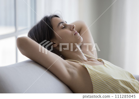 Silent attractive woman having daytime nap leaned on couch Silent attractive woman having daytime nap leaned on couch 111285045