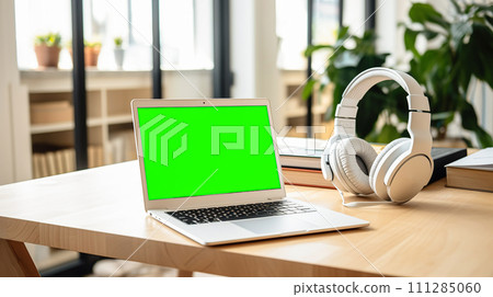 Modern laptop with green screen on table next to white headphones, notebook, and potted plants in a bright office 111285060