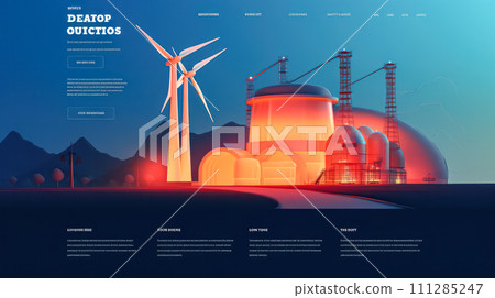 Flat style concept of an eco home private house with solar panels, wind turbines 111285247
