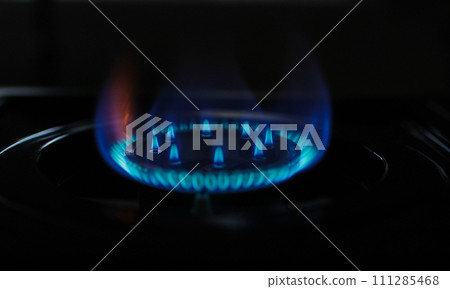 Natural gas blue fire flame on kitchen burner gas stove on dark background. Circular gas-jet. Flame Gas Burner Operation. Shortage and gas crisis. Natural gas blue fire flame on kitchen burner gas stove on dark background. Circular gas-jet. Flame Gas Burner Operation. Shortage and gas crisis. 111285468