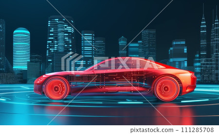 futuristic car combined with virtual space on modern buildings futuristic car combined with virtual space on modern buildings 111285708