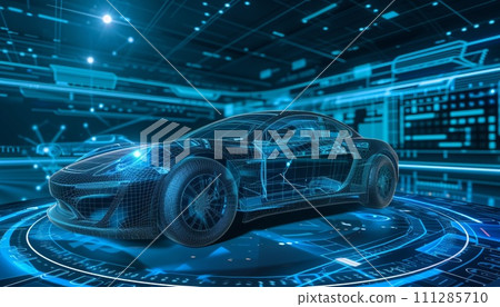 futuristic car combined with virtual space on modern buildings futuristic car combined with virtual space on modern buildings 111285710