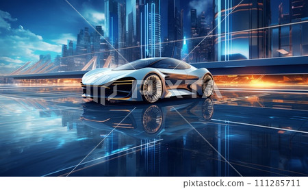 futuristic car combined with virtual space on modern buildings futuristic car combined with virtual space on modern buildings 111285711