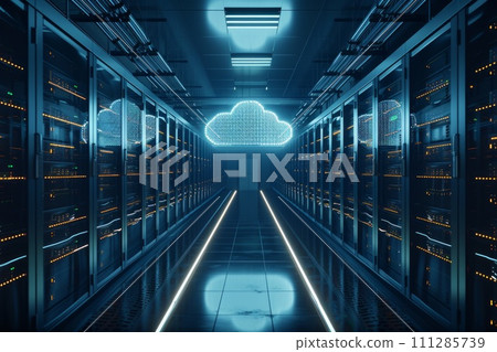 Inside a large data center, a corridor with disks and a cloud. 111285739