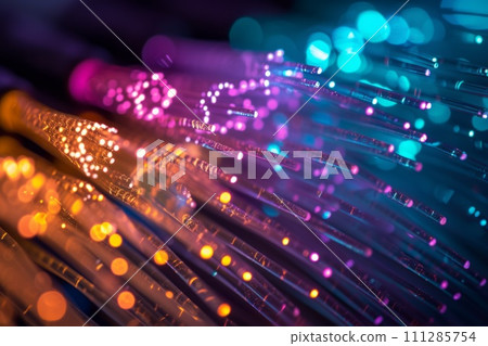 Bundled optical fibre glowing optic Colorful cables. Internet and high speed data transmission 111285754