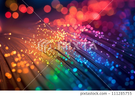 Bundled optical fibre glowing optic Colorful cables. Internet and high speed data transmission 111285755