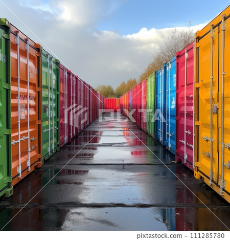 Cargo new freshly painted colorful containers in sunny weather Cargo new freshly painted colorful containers in sunny weather 111285780
