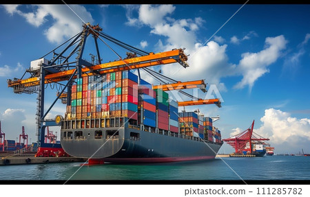 Loading and unloading container ships at a port 111285782