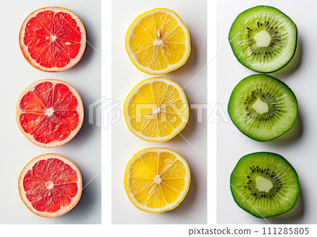slices of fruit red grapefruit, yellow lemon and green kiwi slices of fruit red grapefruit, yellow lemon and green kiwi 111285805