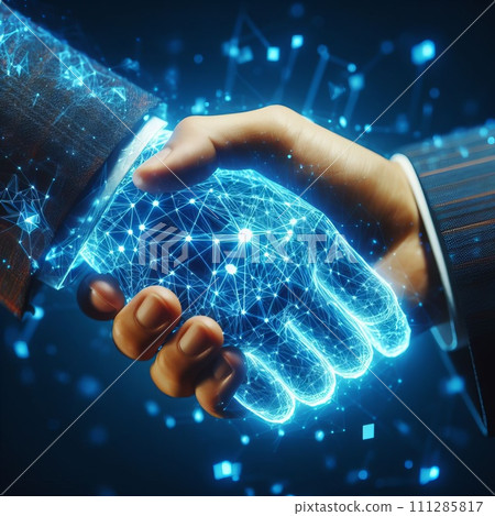 Handshake of business people. Glowing polygonal wireframe illustration. 111285817