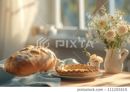loaf of bread on the table, pies on a plate nearby and flowers by the blur window on a sunny day 111285819