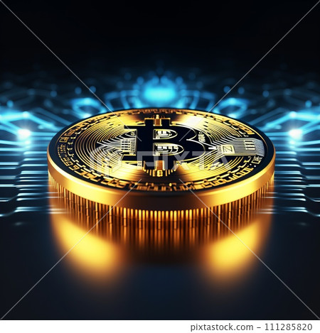 Bitcoin coin with new lighting on a high-tech background Bitcoin coin with new lighting on a high-tech background 111285820