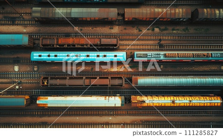 top view of horizontal rows of rails, on one of which there are train cars top view of horizontal rows of rails, on one of which there are train cars 111285827