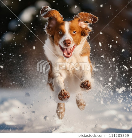 a dog with a large open mouth runs happily jumping in the snow 111285869